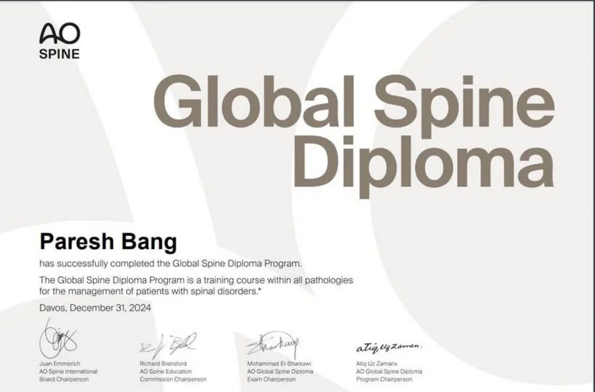 Dr. Paresh Bang Completes Prestigious Google Spine Diploma